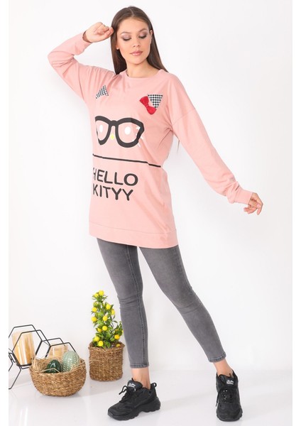 Karakter Baskılı Salaş Tasarım Pudra Uzun Kadın Sweatshirt fırsatları