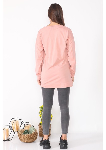 Karakter Baskılı Salaş Tasarım Pudra Uzun Kadın Sweatshirt indirimleri