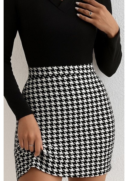 Kadın Uzun Kollu V Yakalı Kaz Ayağı Desenli Şardonlu Dalgıç Elbise fiyatları