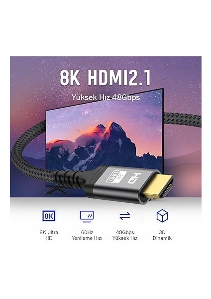 (3 Metre) HDMI 2.1 Kablo 8k 60Hz 4K 120Hz 48GBIT/S Yüksek Hızlı, HDMI Kablo Tv/ps5/ps4/ Xbox Series X/monitör ile Uyumlu modelleri