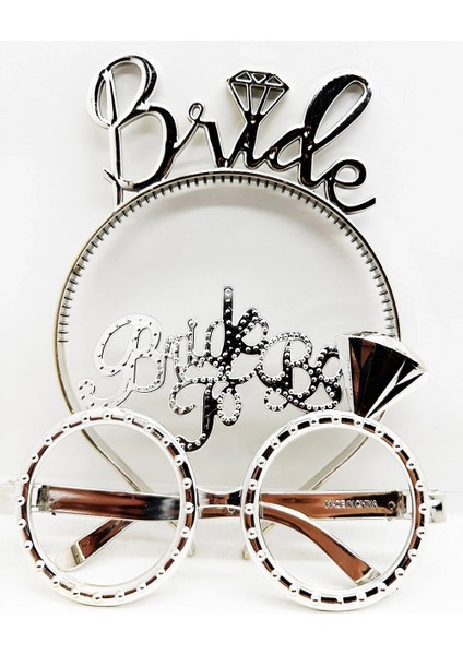 Bride Yazılı Taç ve Bride To Be Yazılı Gözlük Seti Gümüş Renk (5047)