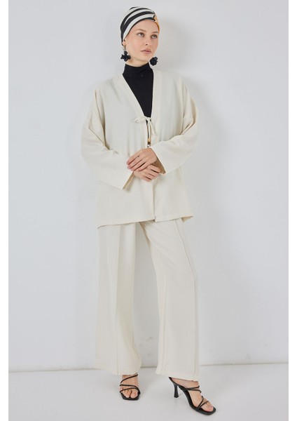Kadın Keten Kimono Ikili Takım 6727 - Ekru fırsatları