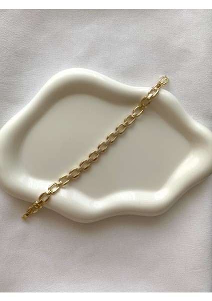 Alpjewel 316L Taş Detaylı Kalın Zincir Gold Bileklik Xupıng Kararmaz Çelik