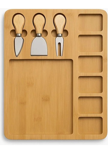 Bambu 4’lü Set – 3 Bıçak + 7 Bölmeli Servis Sunum Tahtası Peynir ve Kahvaltı Tahtası M-3072 fiyatları