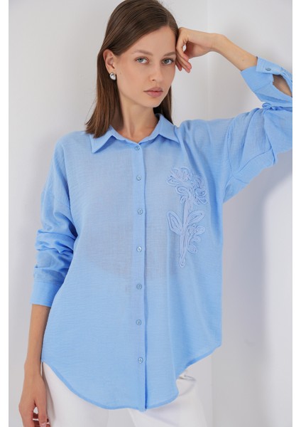 Kadın Nakışlı Oversize Gömlek 20338 - Mavi