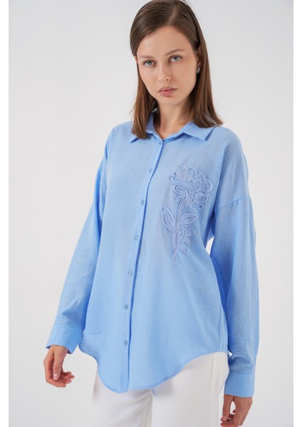 Kadın Nakışlı Oversize Gömlek 20338 - Mavi fırsatları