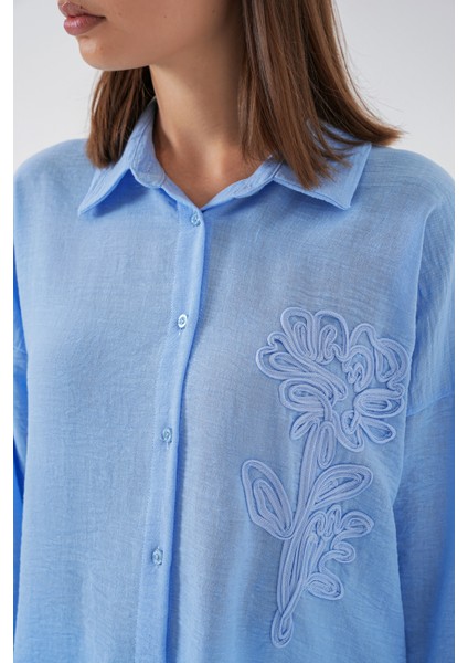 Kadın Nakışlı Oversize Gömlek 20338 - Mavi indirimleri