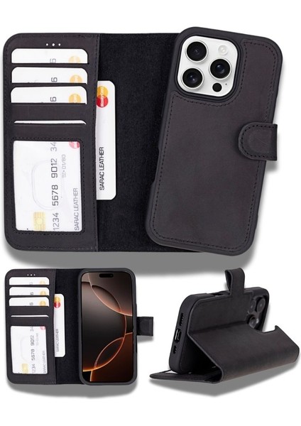 Apple iPhone 16 Pro Uyumlu, Hakiki Deri, El Yapımı, Cüzdanlı Kılıf, Mat Siyah