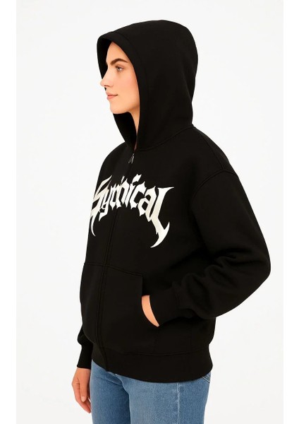 Kadın Oversize Kapüşonlu Sweatshirt Hoodie 3 Iplik Şardonlu Pamuklu Kumaş, Önü Baskılı, Fermuarlı Rahat Kalıp, Kışlık ve Sokak Stili Sweat - Siyah fiyatları