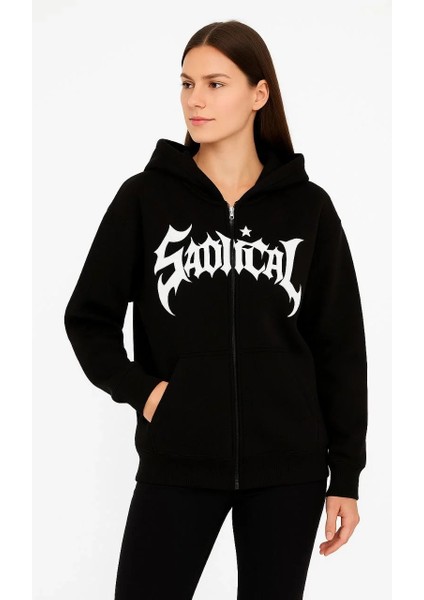 Kadın Oversize Kapüşonlu Sweatshirt Hoodie 3 Iplik Şardonlu Pamuklu Kumaş, Önü Baskılı, Fermuarlı Rahat Kalıp, Kışlık ve Sokak Stili Sweat - Siyah fırsatları