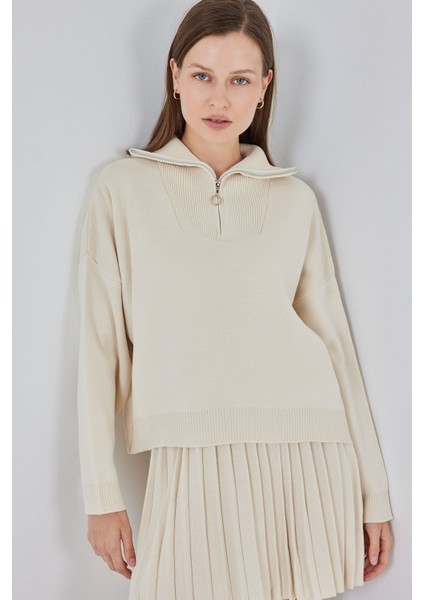 Kadın Kazak Etek Ikili Takım 15938 - Ekru