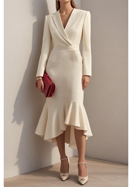 Kadın Uzun Kollu Yakalı Belden Oturtmalı Midi Ithal Krep Elbise