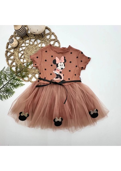 2-3-4 Yaş Puantiyeli Mickey Baskılı Kurdela Kuşaklı Astarlı Kız Bebek Tütü Elbisesi Kahverengi