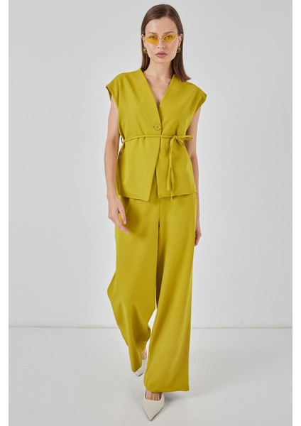 Kadın Yelek Pantolon Kumaş Takım 30050 - Yağ Yeşil