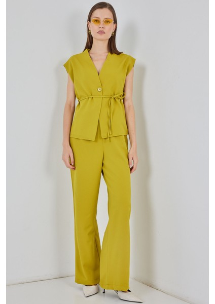 Kadın Yelek Pantolon Kumaş Takım 30050 - Yağ Yeşil modelleri