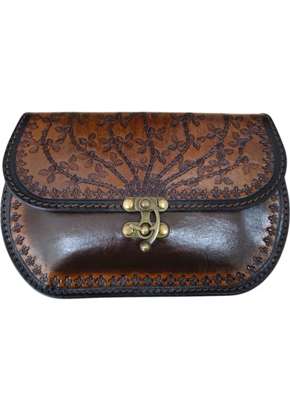 El Yapımı Hakiki Deri Sarmaşık Desenli Kadın Çapraz Çanta - Vintage Tarz Rustik Omuz Çantası - Bohem Retro El Işçiliği Messenger Model