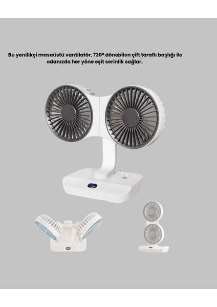 720° Dönebilen Çift Başlıklı USB Şarjlı Masaüstü Vantilatör – Sessiz ve - ?60?07E9-6G1 modelleri