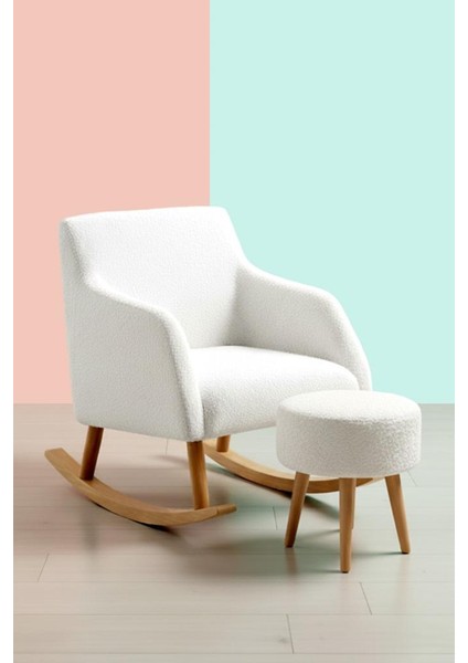 Loop Sallanan Sandalye ve Puf Seti – Ekru Teddy Kumaş Ahşap Ayaklı Berjer - Sallanan Koltuk Puf