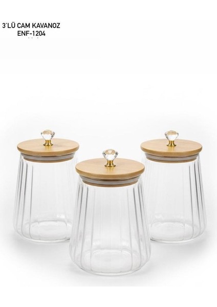3 Lü Cam Baharatlık Bambu Kapaklı ENF-1204