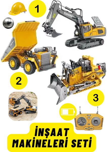 Kumandalı Inşaat Makineleri 3lü Set Kamyon,ekskavatör ve Bulldozer Şarjlı Işıklı Metal Kasa Tam Fonksiyonlu Iş Makineleri
