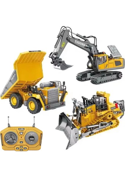 Kumandalı Inşaat Makineleri 3lü Set Kamyon,ekskavatör ve Bulldozer Şarjlı Işıklı Metal Kasa Tam Fonksiyonlu Iş Makineleri modelleri