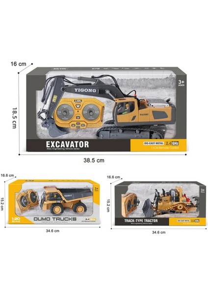 Kumandalı Inşaat Makineleri 3lü Set Kamyon,ekskavatör ve Bulldozer Şarjlı Işıklı Metal Kasa Tam Fonksiyonlu Iş Makineleri