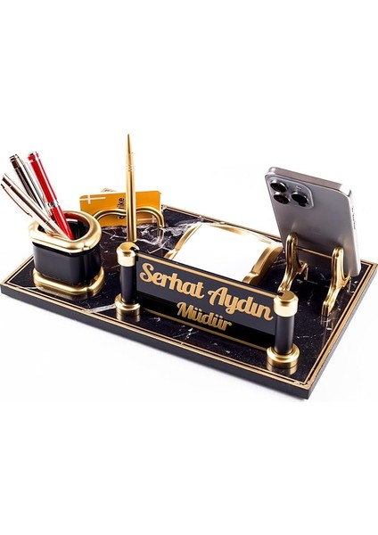 Royal Mermer Desen Ahşap Gold Kalemli Masa Isimliği Ofis Masaüstü Isimlik Seti Ofis Hediye Yeni Iş