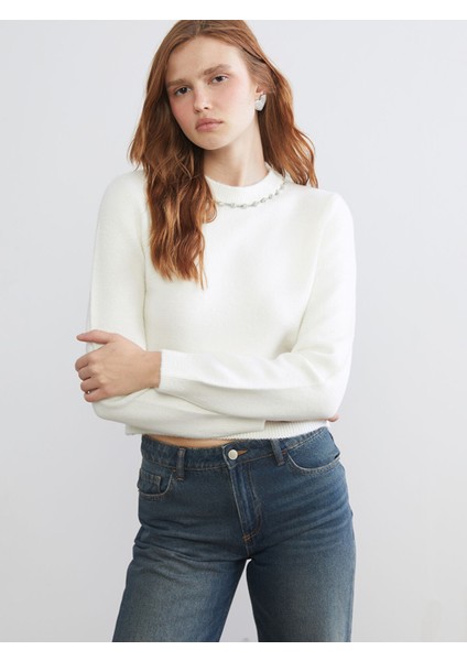 Yeni Sezon Bisiklet Yaka Taşlı Kadın Triko Kazak