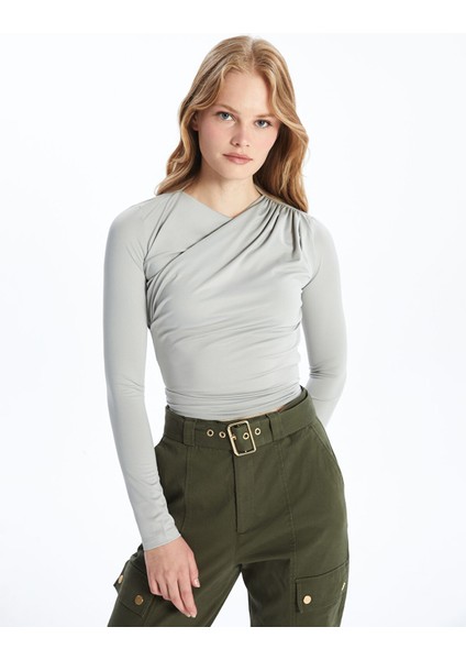 Yeni Sezon Bisiklet Yaka Düz Uzun Kollu Kadın Bluz