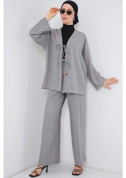 Kadın Keten Kimono Ikili Takım 6727 - Gri