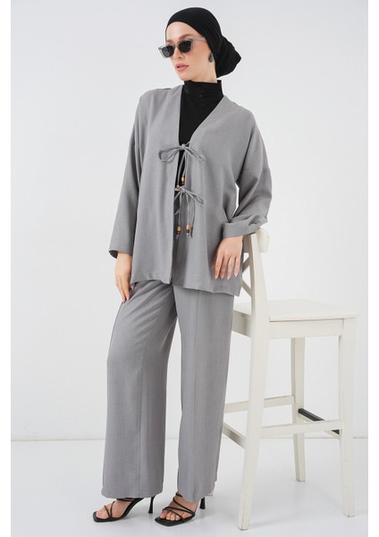 Kadın Keten Kimono Ikili Takım 6727 - Gri fiyatları