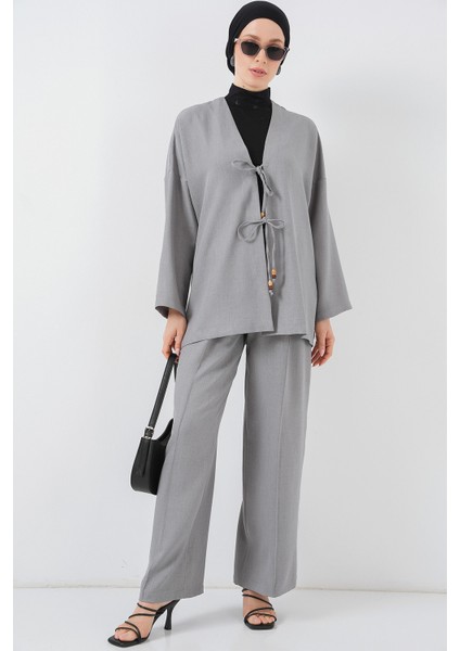 Kadın Keten Kimono Ikili Takım 6727 - Gri modelleri