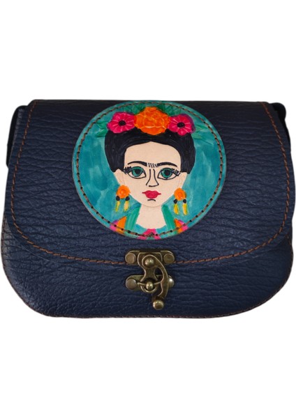 El Yapımı Hakiki Deri Frida Kahlo Desenli Mini Kadın Çapraz Çanta - El Boyaması Vintage Tarz Omuz Çantası - Sanatsal El Işçiliği Tasarım