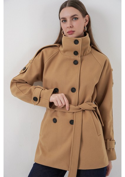 Kadın Kuşaklı Kaşe Kaban 9162 - Hardal