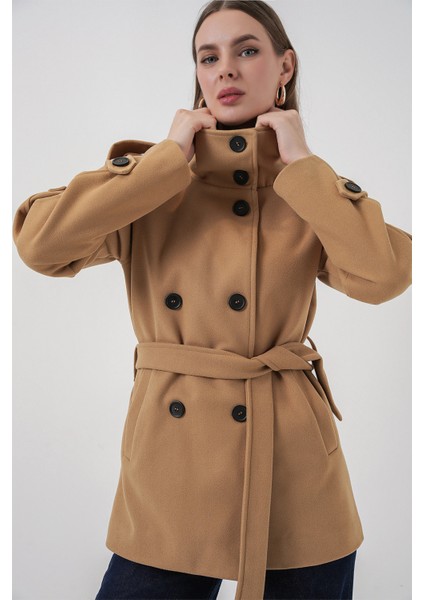 Kadın Kuşaklı Kaşe Kaban 9162 - Hardal fiyatları