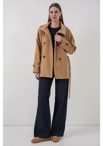 Kadın Kuşaklı Kaşe Kaban 9162 - Hardal modelleri