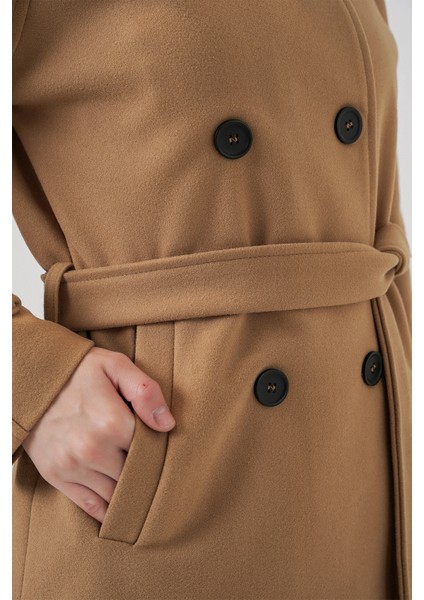 Kadın Kuşaklı Kaşe Kaban 9162 - Hardal indirimleri