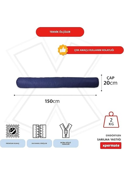 Sarılma Yastığı, Uyku Yastığı, Bacak Arası Yastığı Silindir 150 x 50 x 20 cm (Lacivert) modelleri