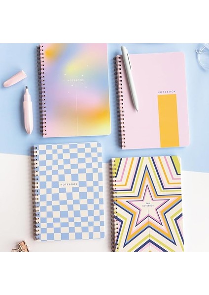 A5 Spiralli Karton Kapak Kareli Okul Defteri 80 Yaprak 4'lü Set - Ders Programlı - Renkli