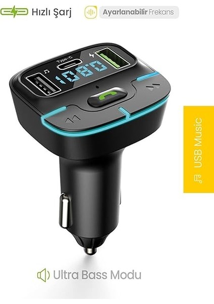 F9 Araç Fm Transmitter 5.3 Bluetooth Araç Kiti USB Type-C Hızlı Şarj Çıkışlı Çakmaklık Girişli (F9) fiyatları