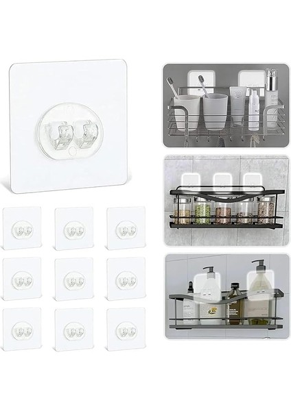 Banyo 10'lu Şeffaf Güçlü Kendinden Yapışkanlı Kancalar, Su Geçirmez Askı Raf Tutucu ve Köşe Rafı