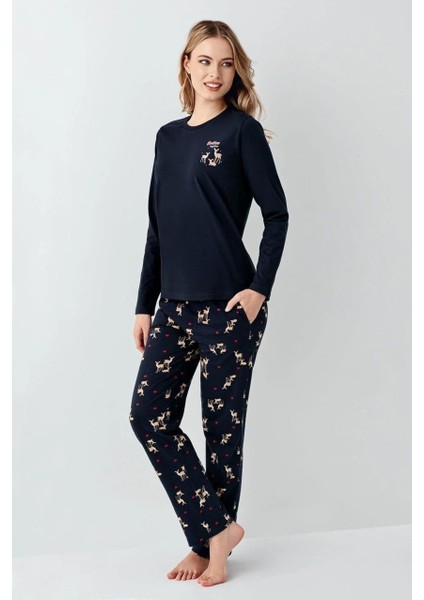 Kadın Yılbaşı Temalı %100 Pamuklu Uzun Kollu Bisiklet Yaka Pijama Takımı