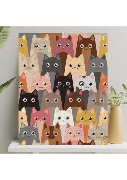 Palmiye 40 x 50 cm Kediler Temalı Sayılarla Boyama Tuval Seti Fırça ve Boya Dahil Baskılı