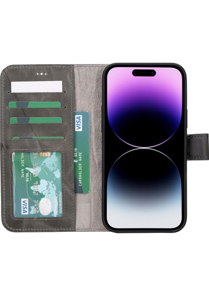 Apple iPhone 15 Plus Uyumlu Deri Cüzdanlı Kılıf Mwwn VS4EF Gri fiyatları