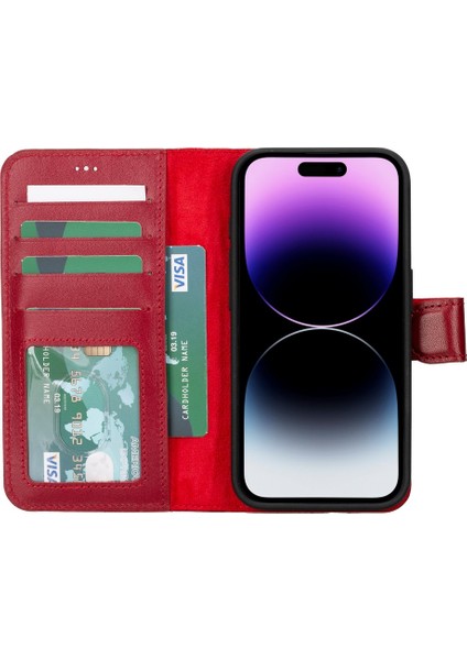 Apple iPhone 15 Pro Uyumlu Deri Cüzdanlı Kılıf Mwwn V4EF Kırmızı fiyatları