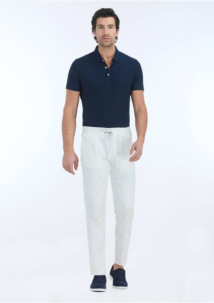 Ekru Çizgili Dokuma Jogging Fit Casual Keten Karışımlı Pantolon