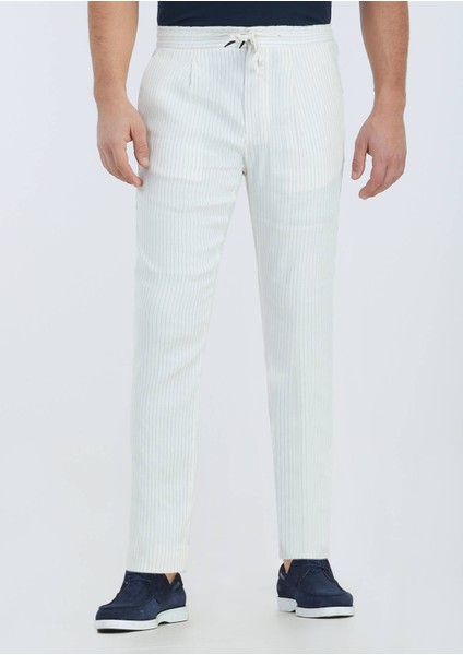 Ekru Çizgili Dokuma Jogging Fit Casual Keten Karışımlı Pantolon fiyatları