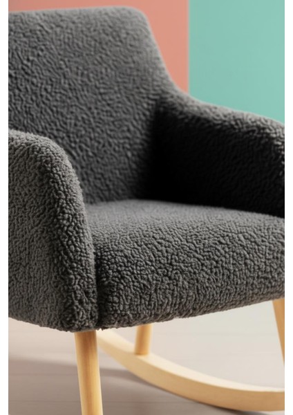 Loop Sallanan Sandalye – Antrasit Teddy Kumaş | Doğal Ahşap Ayaklı Berjer - Sallanan Koltuk modelleri