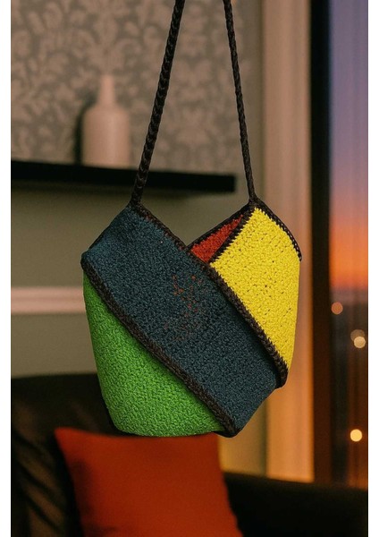 Parçalı Çok Renkli Kağıt Ip Tığ Işi El Örgüsü Çanta