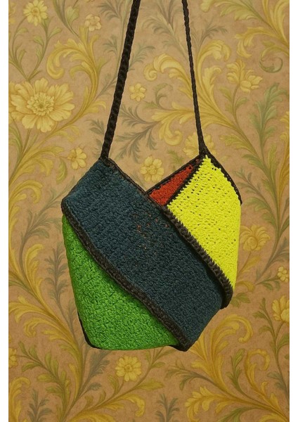 Parçalı Çok Renkli Kağıt Ip Tığ Işi El Örgüsü Çanta